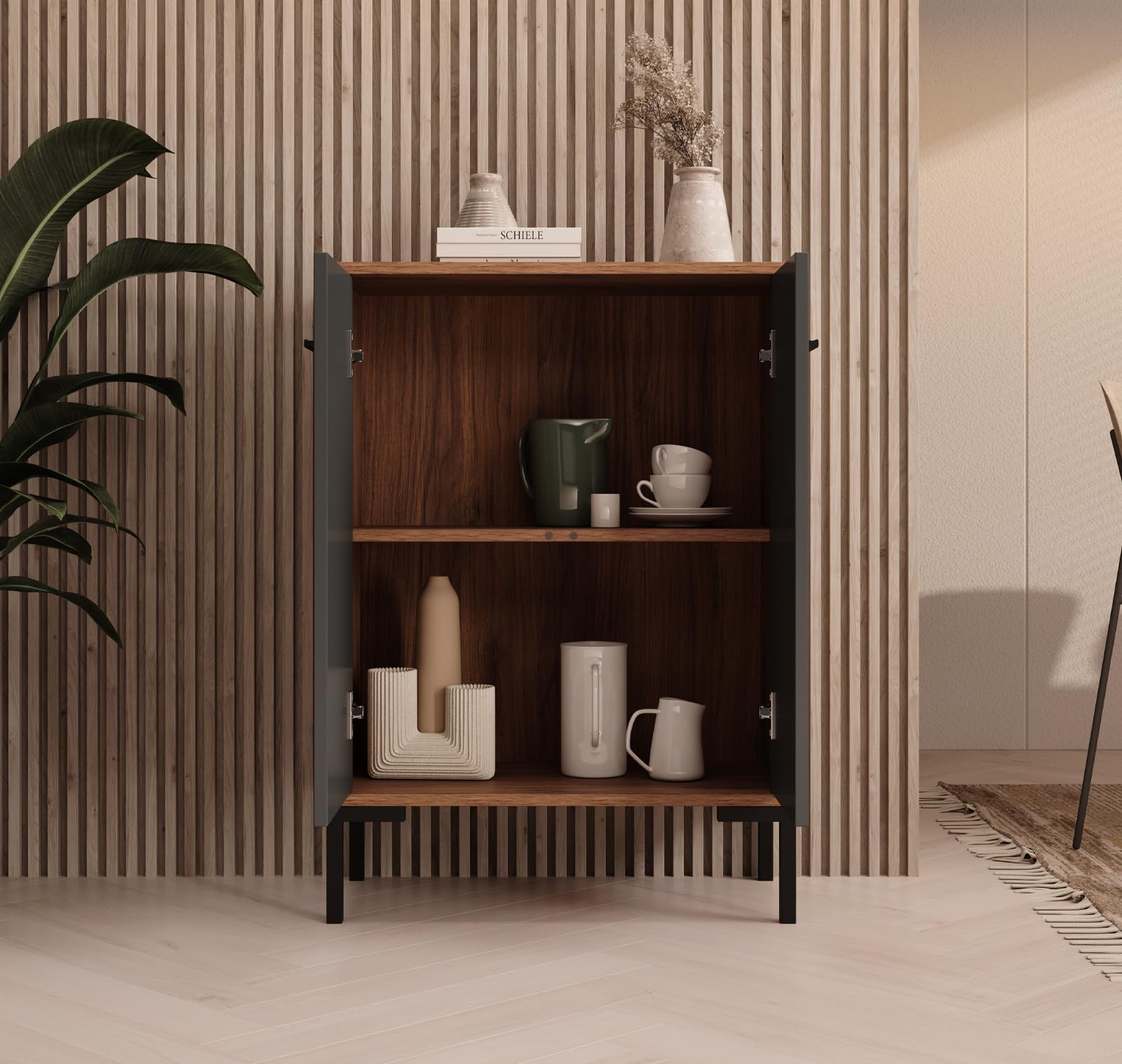 MB Muebles Bonitos, Credenza piccola Lander L15, Stile Moderno, Madia bassa multiuso con 2 ante, Colore Noce e Grigio, 60x84x30cm