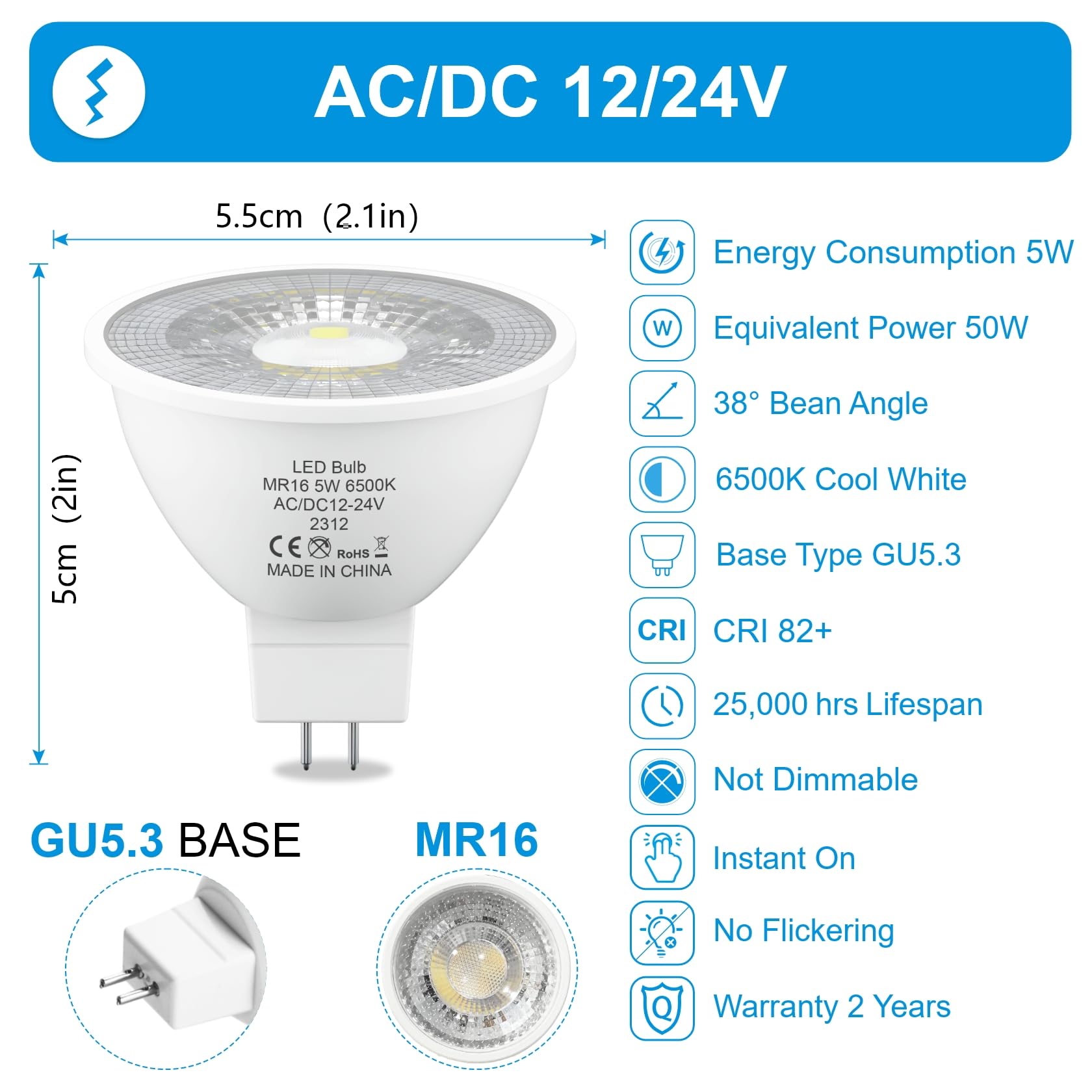 LUTW MR16 LED Bulbs Cool White 6500K, AC/DC 12V/24V GU5.3 LED Spotlight Bulbs - Image 2