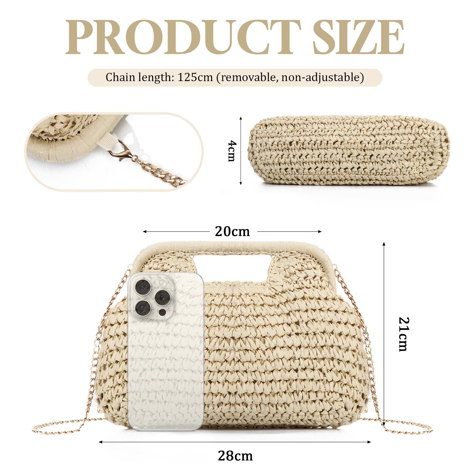 EVEOUT Clutch de Paja Trenzada con Cadena Mujer Boho Bolso Tejido para Fiesta Bodas Verano Bolsos de Mano Rafia Sintética para Playa Vacaciones - 5