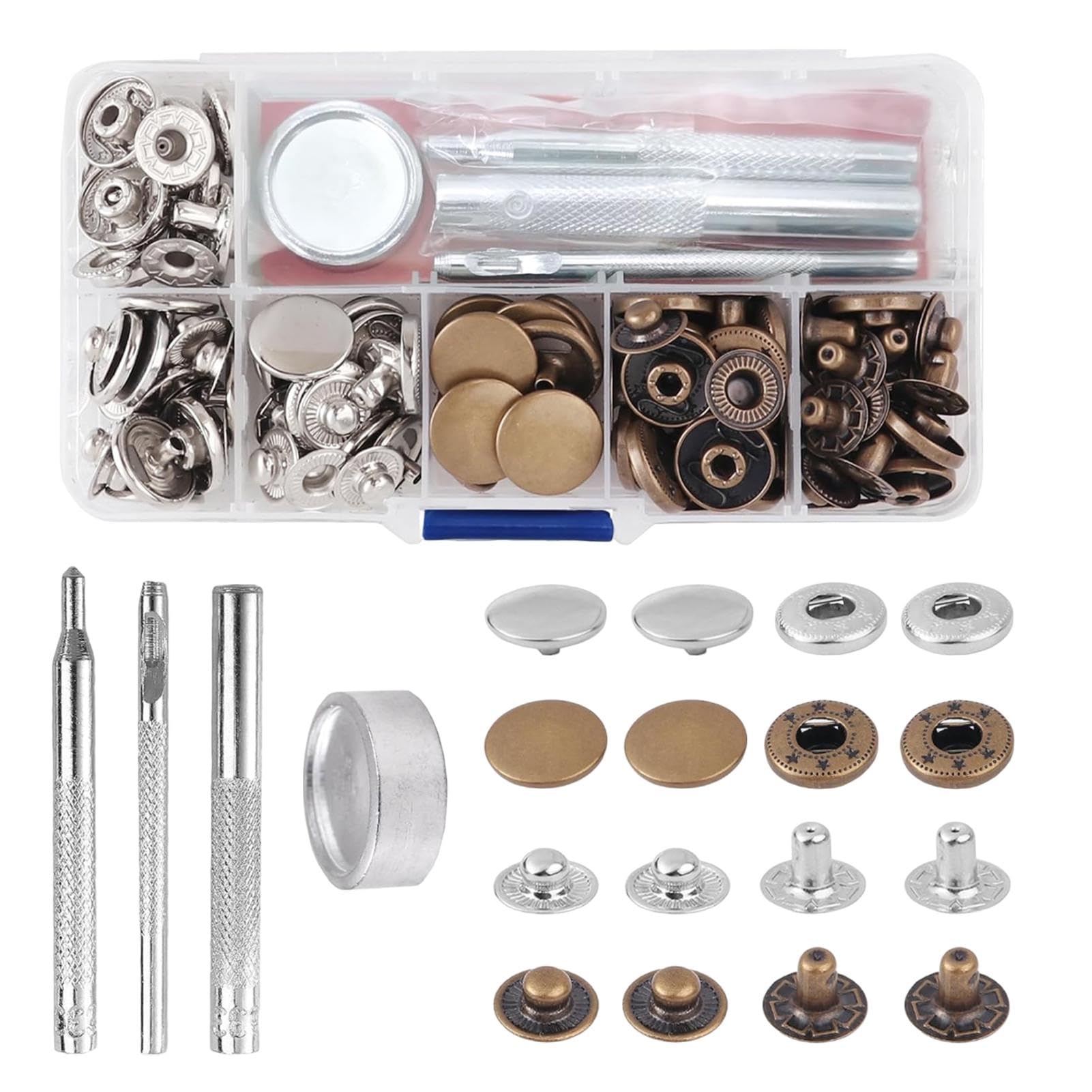 Press Studs Snap Fasteners 15mm x30 Sets - No Sew Popper Studs Kit for Leather, Clothing, Jackets, Bags, Durable
