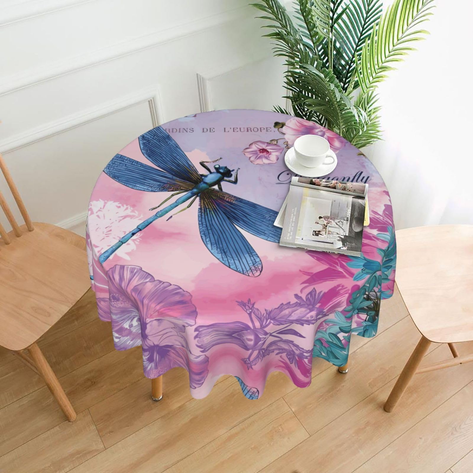 ZHAOUR Pink Flower And Blue Dragonfly Print Round Washable Tablecloth – Table Cover