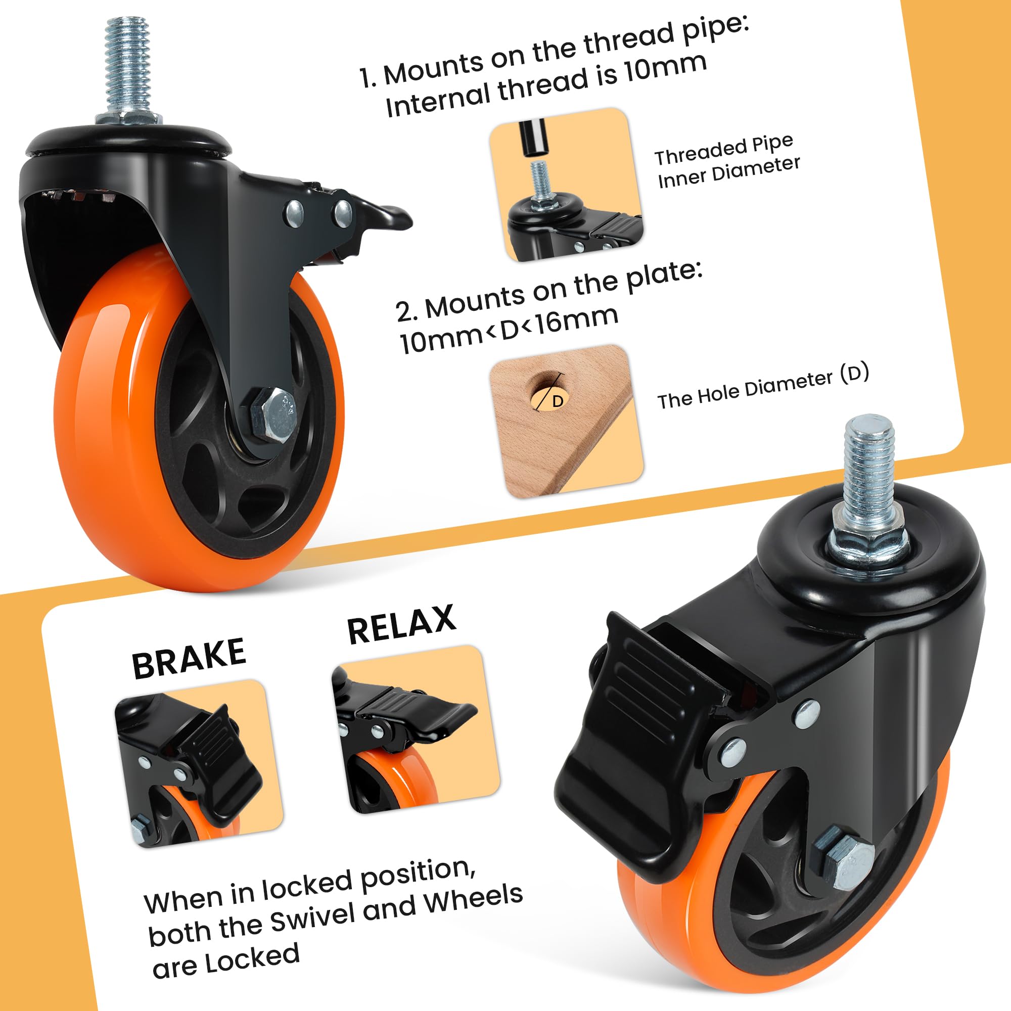 Roulette Charge Lourde 100mm Roulettes Pivotantes M12 x 30mm Roulettes pour Meubles à Tige Filetée Jusqu'à 550kg Roulettes de Transport pour Chariot à Outils, Établi