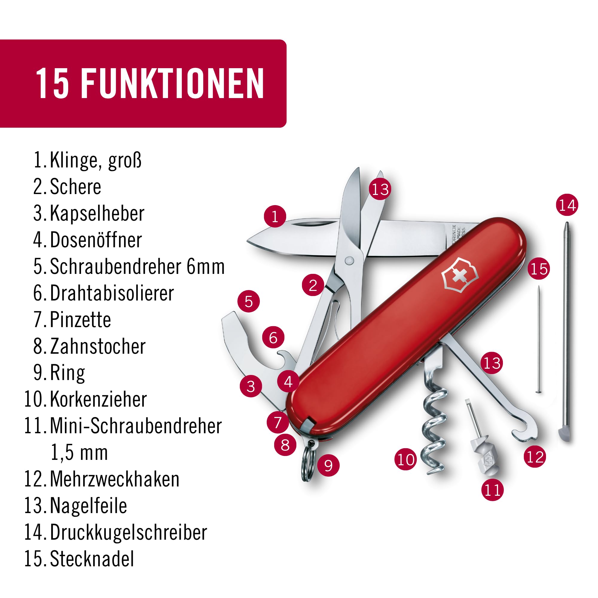 Victorinox Schweizer Taschenmesser Compact, 15 Funktionen, Swiss Made, Multitool Inkl. Klinge, Mini-Schraubendreher, Kapselheber, Rot | Schweizer Armeemesser | Schweizer Messer mittel | Taschenmesser für Herren | Alltag
