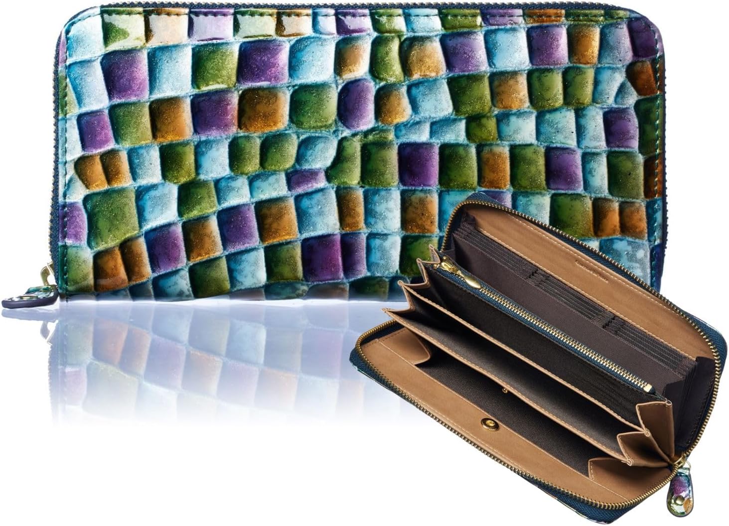 VOICE Women's Long Wallets, Italian cowhide, Beautiful hand painted, Easy access card pocket, Gift Boxed (Green)