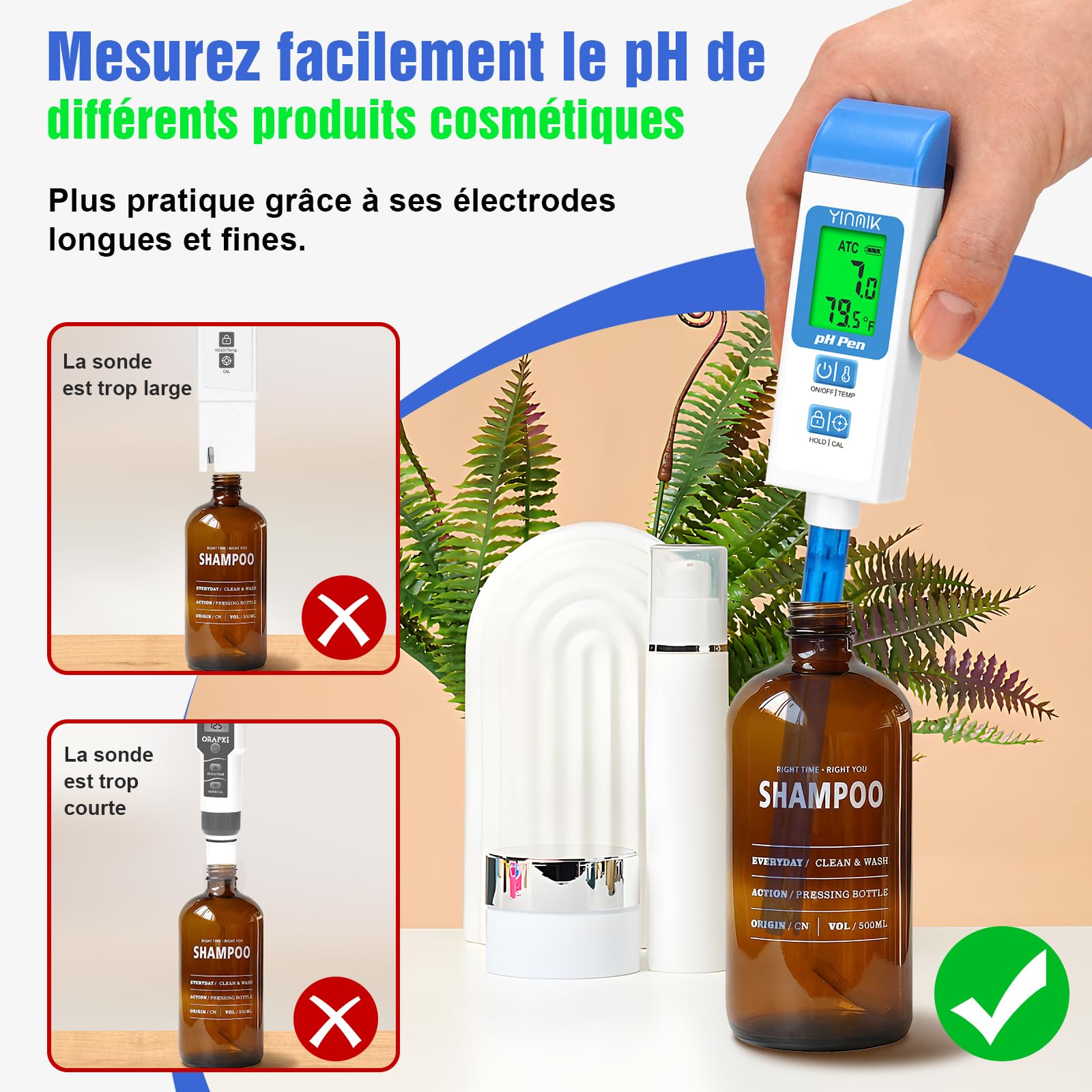 YINMIK Testeur de pH pour la Qualité de l'eau, Testeur de pH Numérique | pH-mètre Kit de Test Professionnel de pH et de Température, Convient Aux Aliments en Conserve et à Diverses Solutions