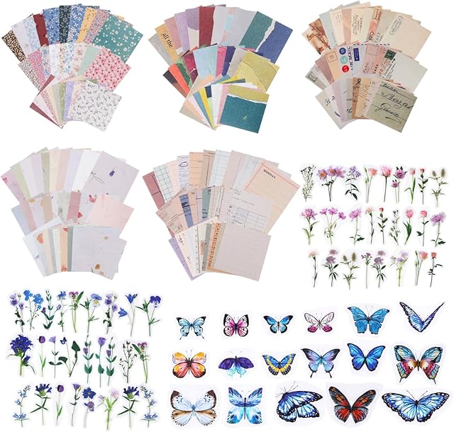 300 Pcs Scrapbooking Paper and 120pcs Flower Butterfly Stickers, Vintage Journaling Supplies Aesthetic Decorative Stationery Paper Scrapbook Accessories for Diary Album Drawing Travel Journal