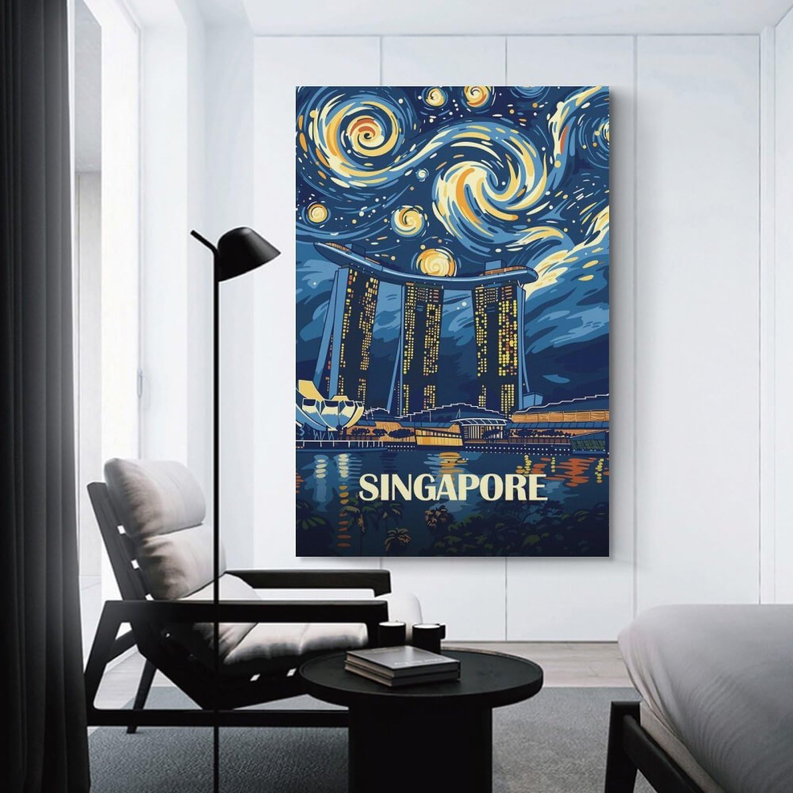 Junmoney Singapore Cityscape Starry Night Art Canvas Art Print 24x36inch(60x90cm), for Front Hall, Corridor Or Welcome Spaces, Home Artwork for First Impressions
