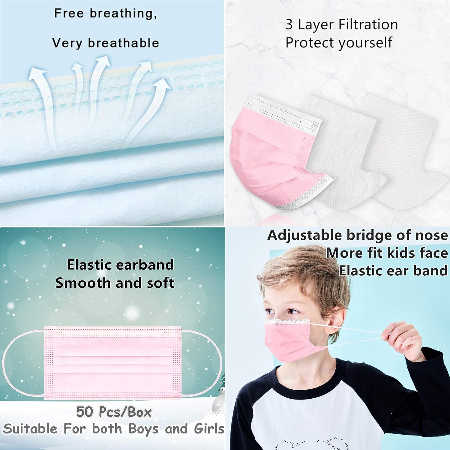 mystcare Kids Disposable Face Mask Individually Wrapped Packaged 50Pack 3-Layer Filter Ages 5-12 Safety Kids Face Masks Disposable(Small Kids, Pink)