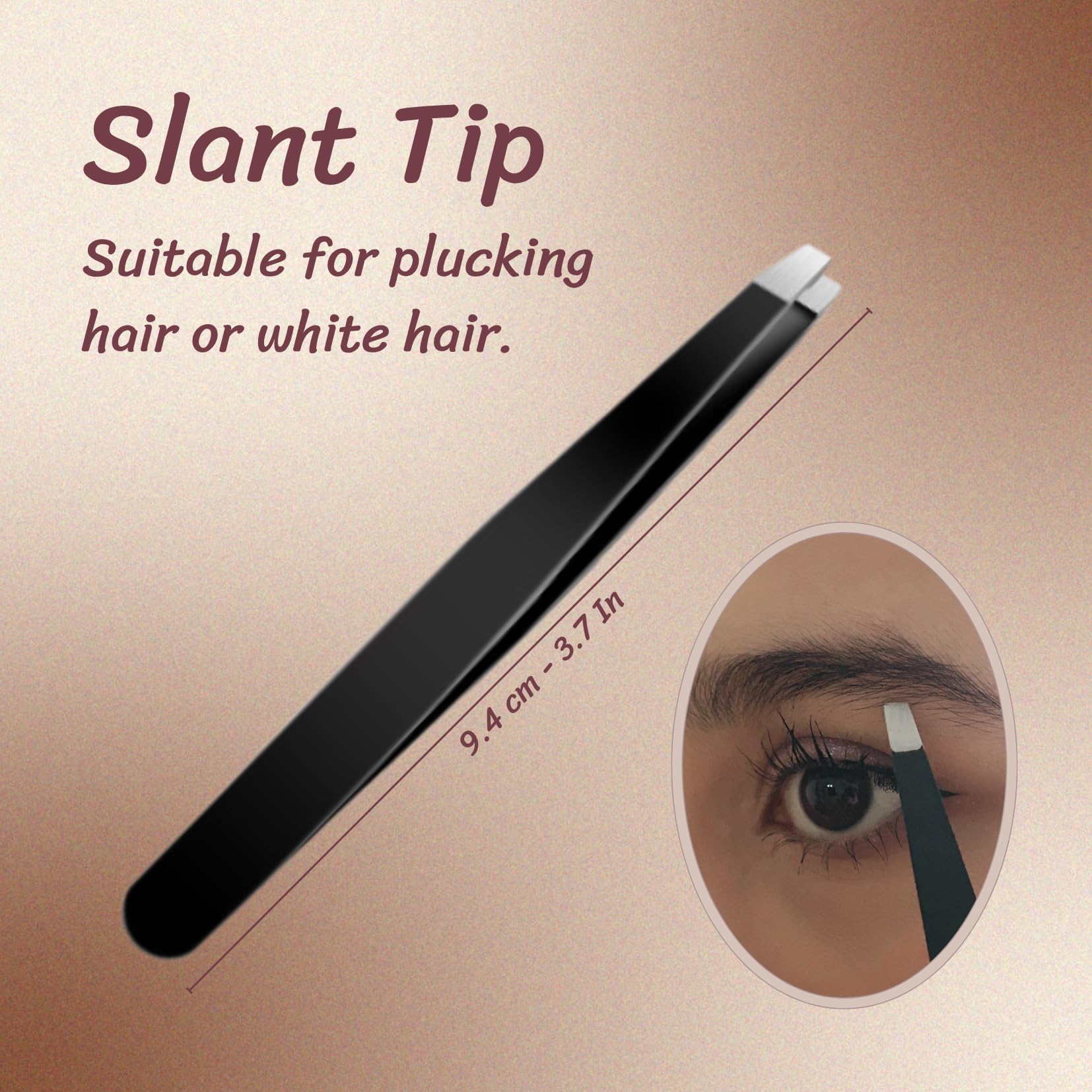 Pinzas de cejas para mujer: pinzas puntiagudas, pinzas inclinadas y pinzas astilladas. Pinzas de precisión para cabello facial de mujer. Juego de 4 pinzas para cejas. (pinzas negras)
