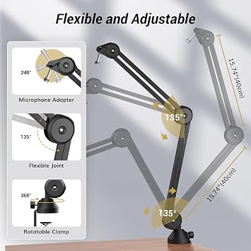 TONOR Microphone Boom Arm, Adjustable Microfono Stand Mic Arm with Extra-large Pop Filter, 3/8’’ and 5/8’’ Screwadapter, Equipment for Podcast, Recording, Streaming, 40 cm +40 cm, T40