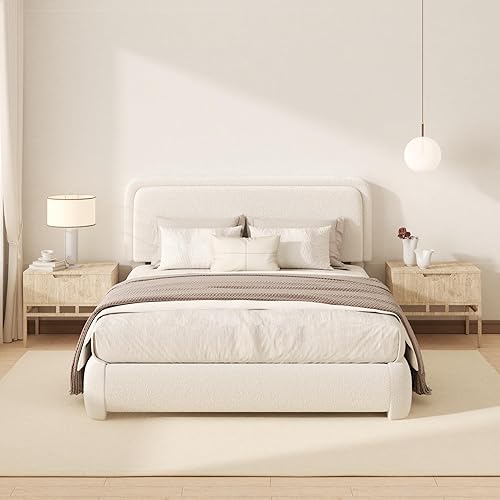 Queen Boucle Platform Bed Frame with Height Adjustable Headboard, Modern Upholstered Cloud Bed, Sleek Curved Design, No Box Spring Needed, Noise Free, Easy Assembly, Beige