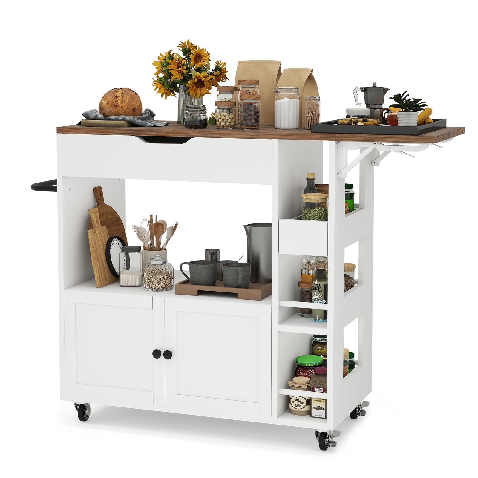 ARTETHYS Kücheninsel mit Klappbarer Arbeitsplatte, Rollwagen mit Schubladen und Türen, Servierwagen, Buffetschrank für Küche, Esszimmer & Outdoor, Weiß