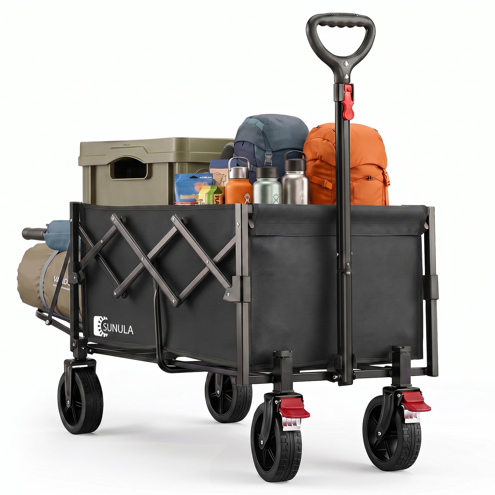 SUNULA Bollerwagen Faltbar Tragkraft 120KG, Klappbarer Handwagen mit EIN-klick-Handgriff & 4-seitig zusammenfaltbar, Geländegängig Räder mit Bremsen 150L