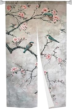 Japanese Noren Doorway Curtain Long Style Door Tapestry Window Treatment Chinese Blossom Printing Door Curtains Panel for Hanging Room Divider Kitchen Home Decor Ink, Bird, 33.5"x 70.9"