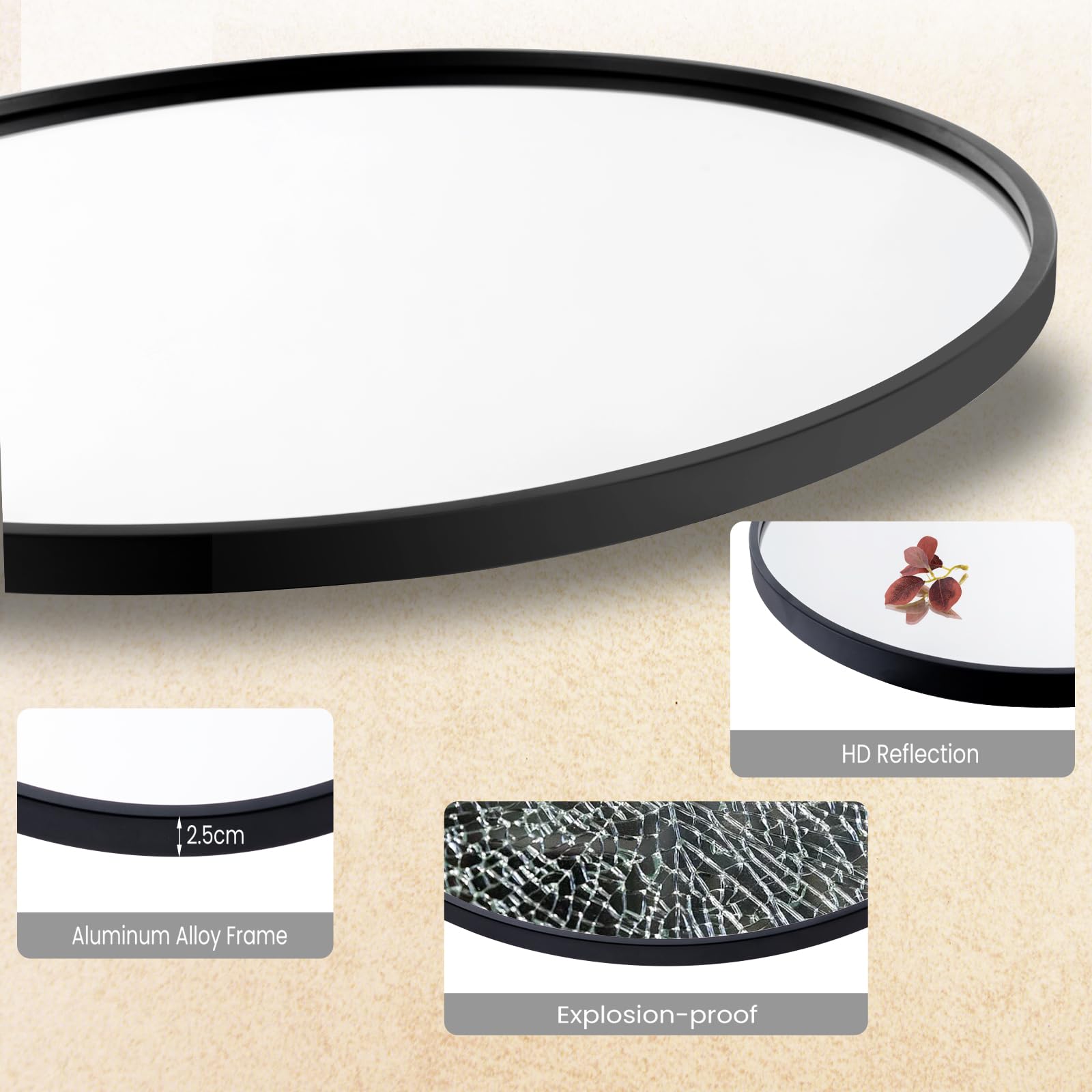 LIFEZEAL Lustro ścienne, dekoracyjne lustro z ramą, lustro wiszące do minimalistycznej dekoracji domu, lustro toaletowe do łazienki, salonu, przedpokoju (okrągłe)