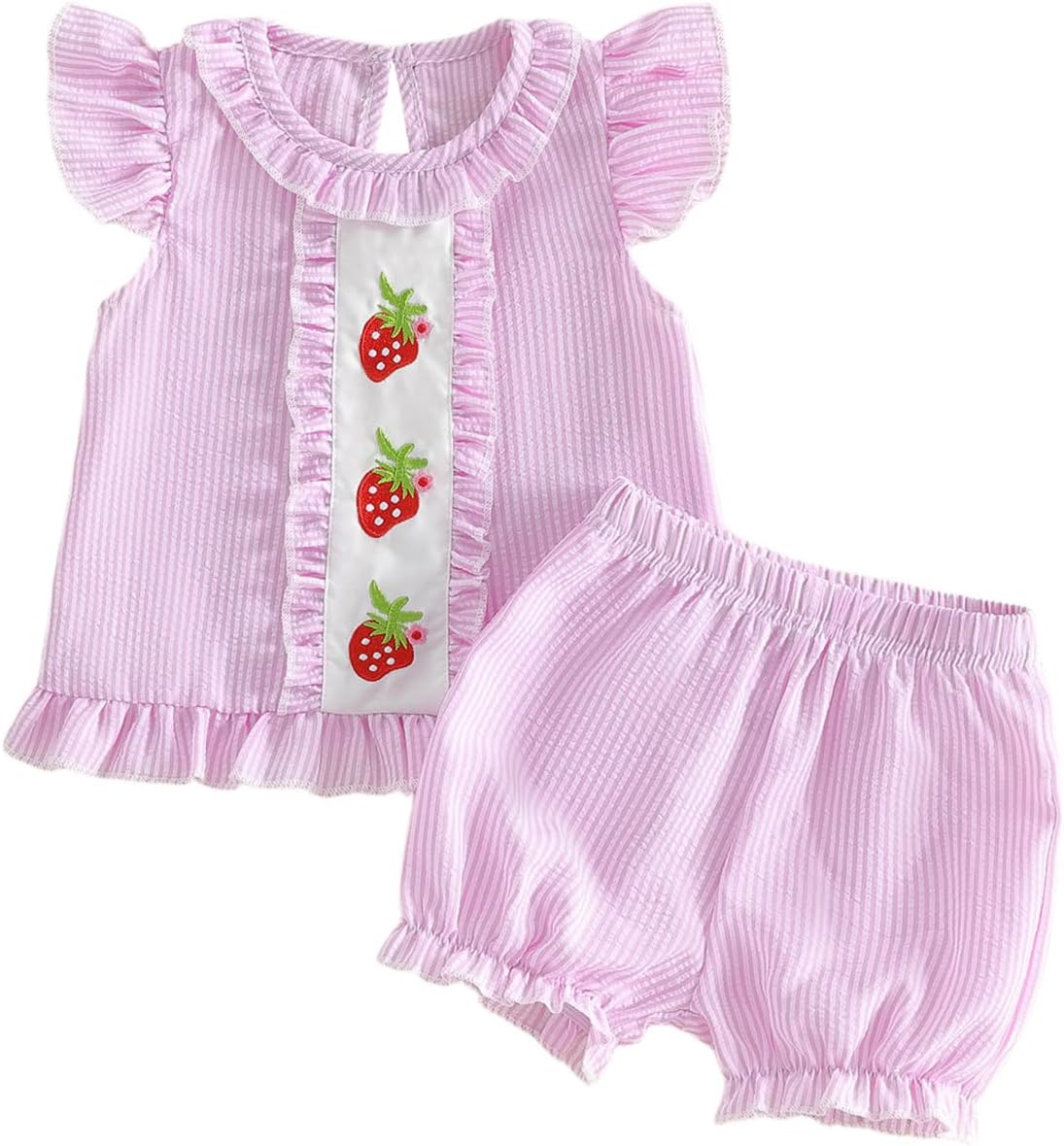 Baby Girl Summer Clothes Strawberry Smocked Stripe Shirt Ruffle Bloomer Shorts Cute First Birthday Cake Smash Photo