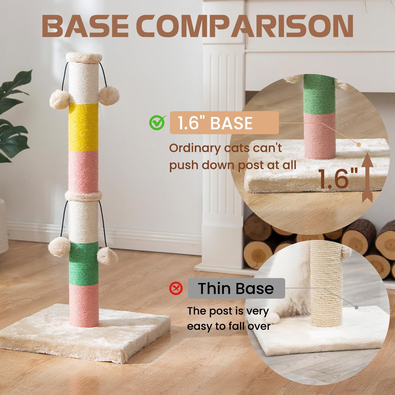 LUCKITTY 30 Inch High Cat Scratching Post with 4 Plush Teasing Toy Balls, Natural Sisal Rope Post and Thickened Base, Red Green Yellow White