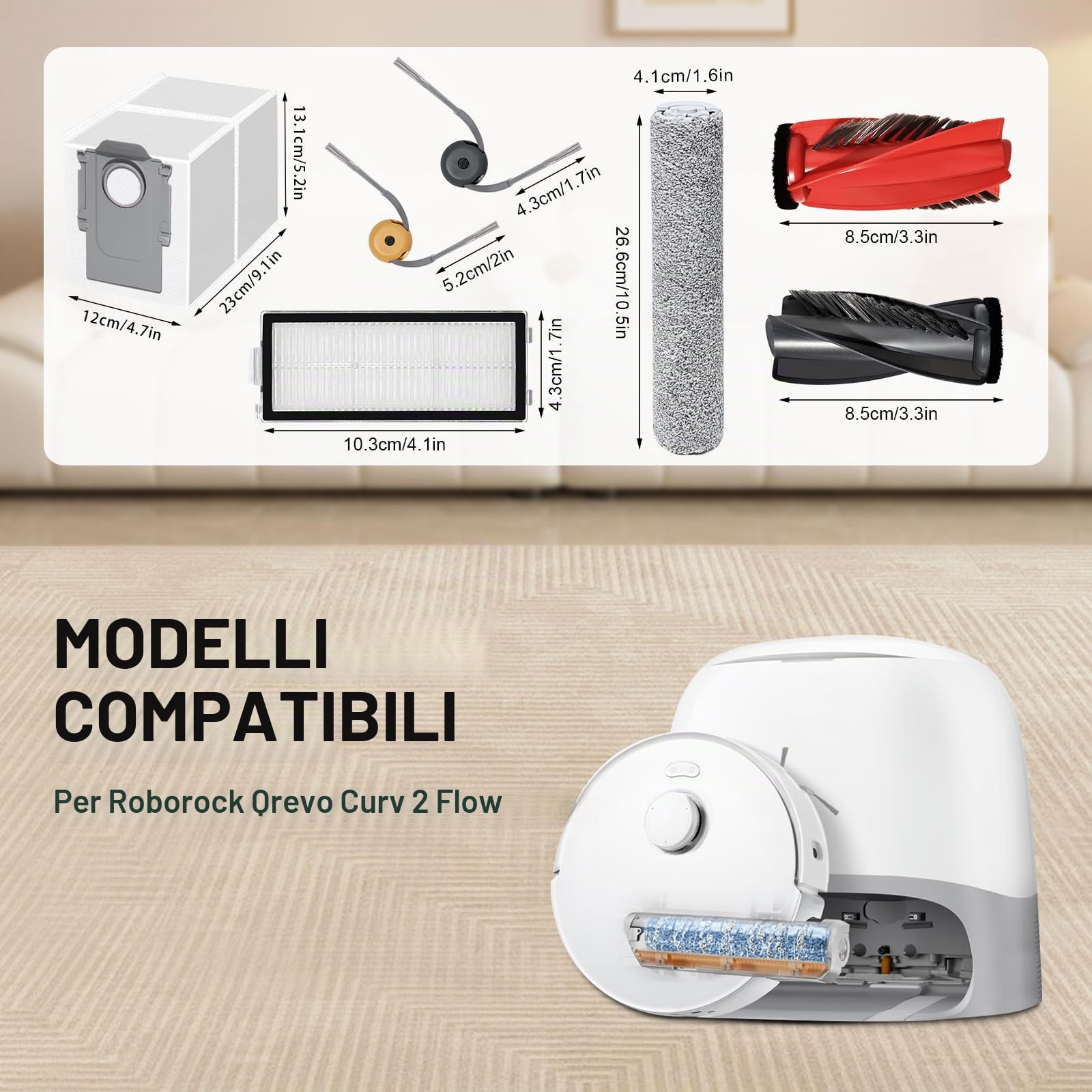Parti di ricambio per Roborock Qrevo Curv 2 Flow aspirapolvere Accessori,1 spazzola principale,2 rotoli di panni, 4 Filtro ricambio,4 sacchetti per la polvere,4 spazzole laterali,1 spazzola di pulizia