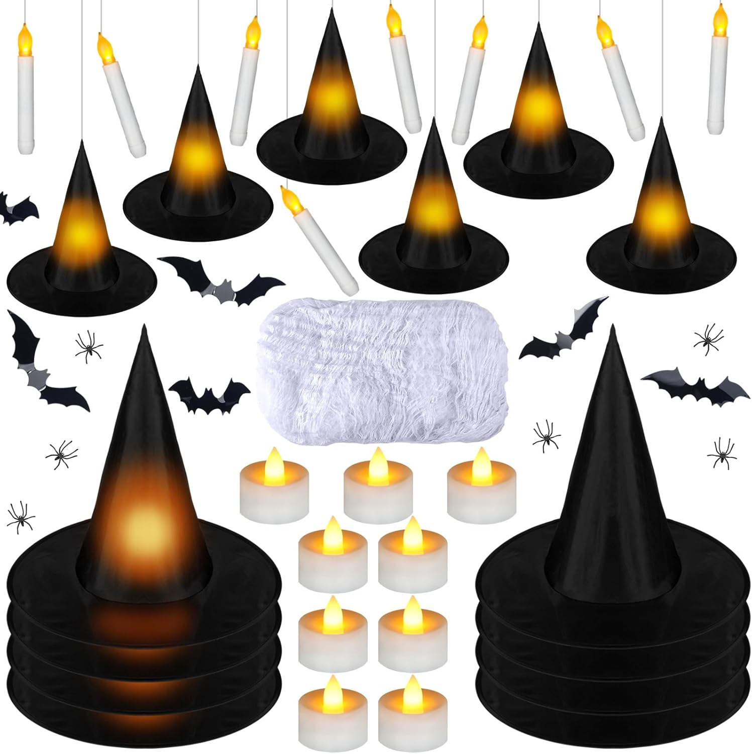 171 Pcs Halloween Hanging Witch Hats Floating Candles Set