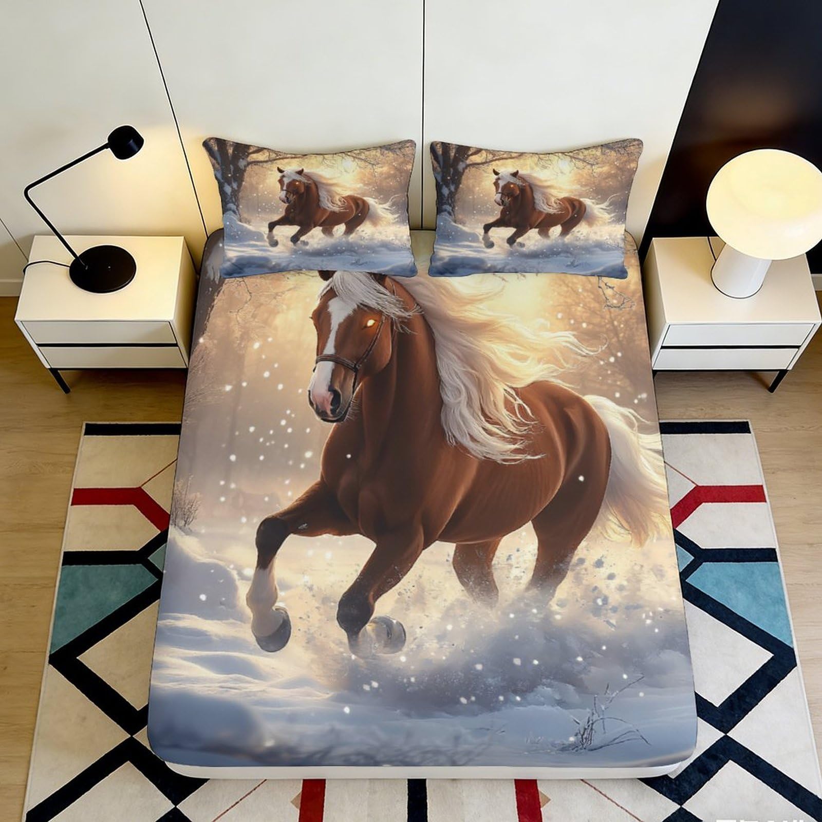 3D Printed Running Horse Fitted Sheet Microfiber Brown Stallion Bed Cover Winter Forest for Bedroom Guest Room Decor 90x200x25cm