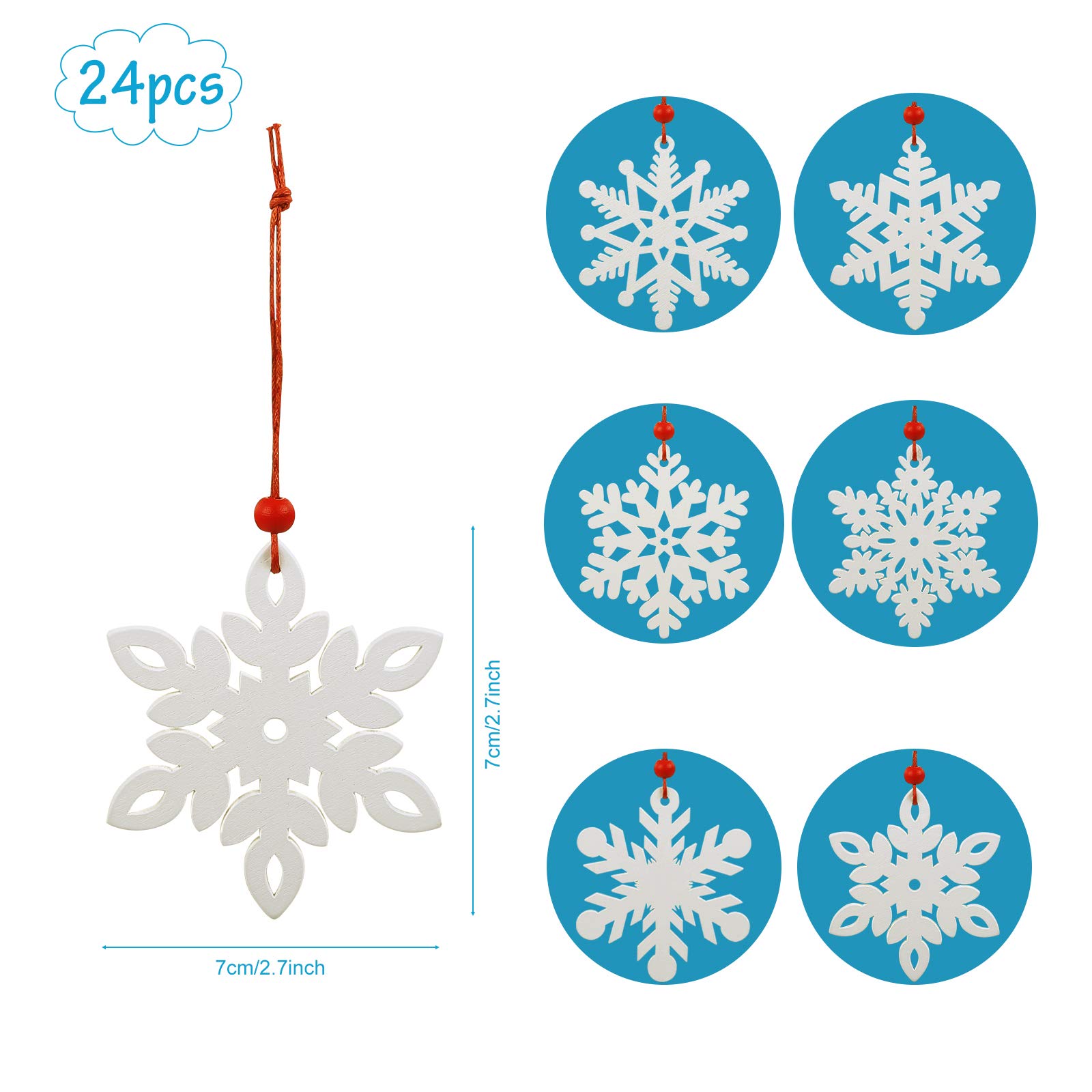 LEMESO 24 Piezas Pack de Copo de Nieve de Madera Colgantes Blanco para Navidad Árbol de Navidad Decoración