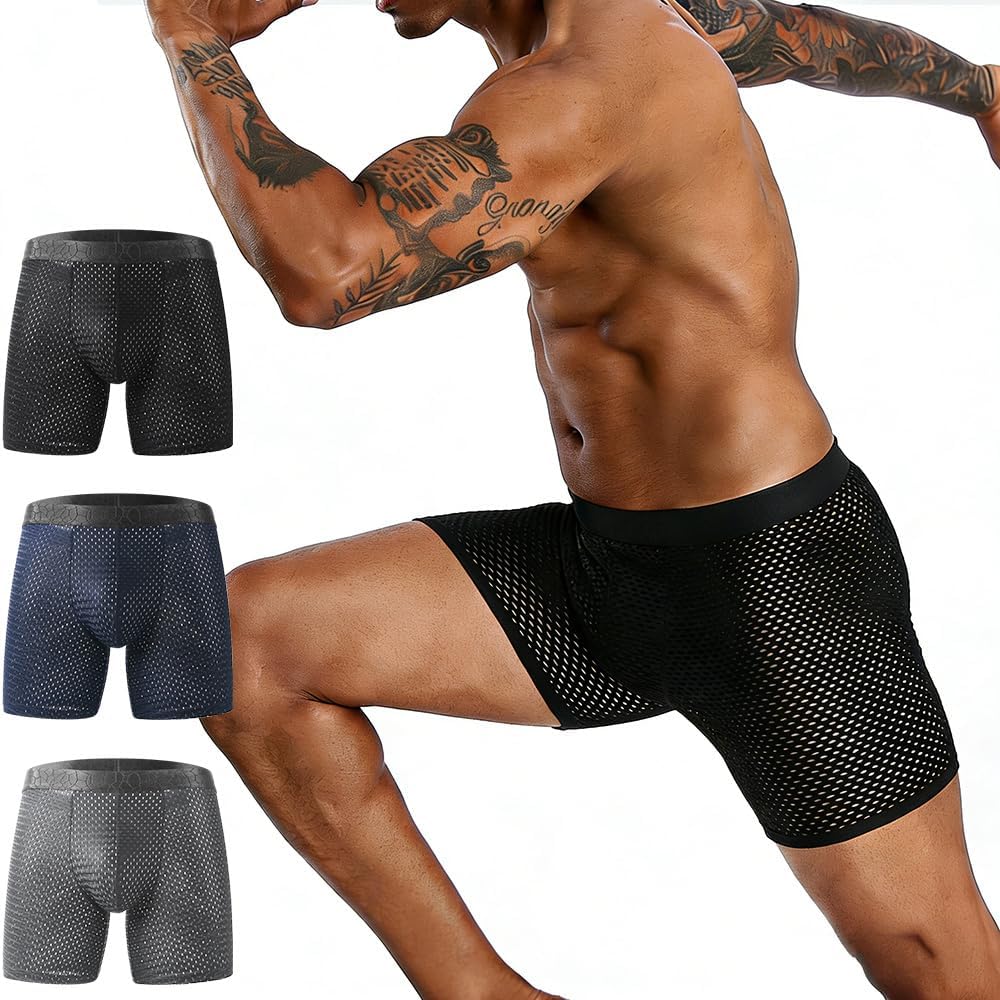Men's Cooling Ice Silk Long Leg Boxer Briefs, Breathable Mesh Hollow Out Quick Dry Underwear for Running Fitness