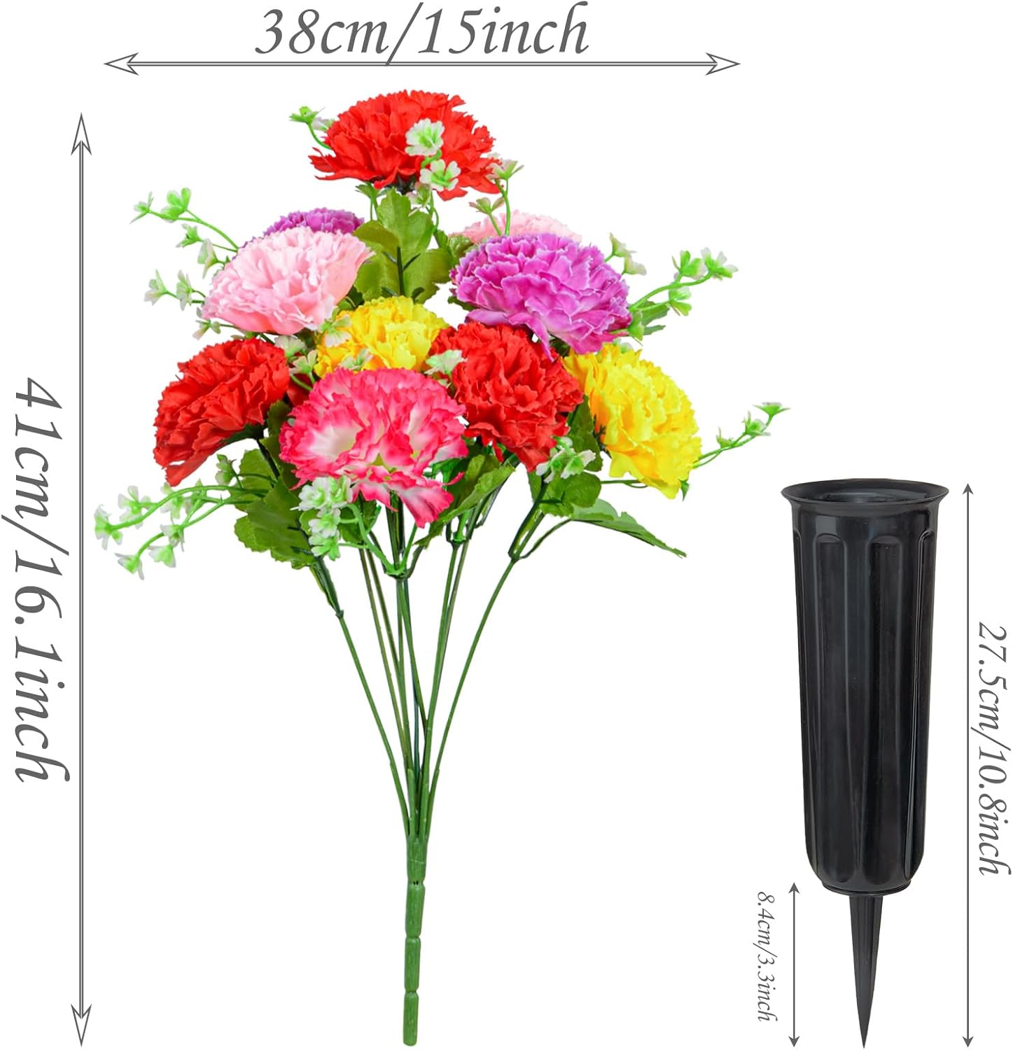 Artificial Cemetery Flowers with Vases, Set of 2 Memorial Grave Flowers for Cemetery Headstones Graveside Decoration (Carnation)