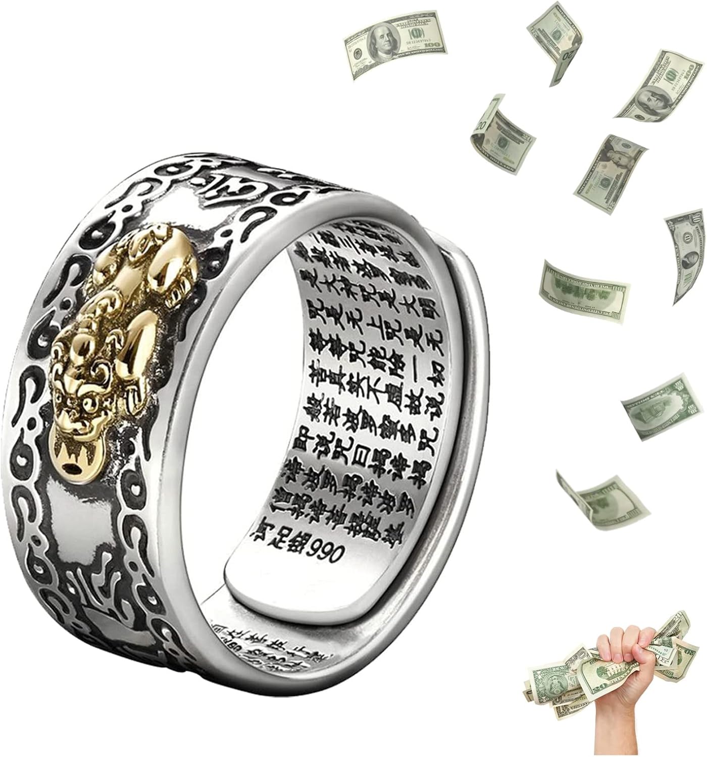HETICA Feng Shui Pixiu Mantra Amulet Lucky Adjustable Ring Buddhist Good Luck Mantra Double Protection Wealth Love Health Ring Vintage Ring Jewelry Gift
