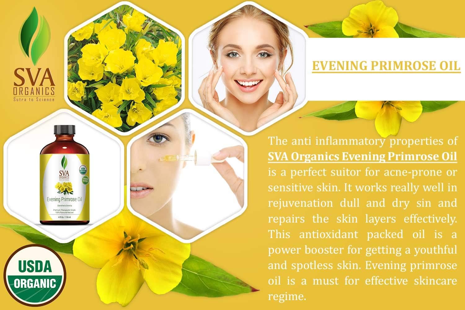 Evening Primrose Oil 4 oz(118 ml) 100% Pure Therapeutic Grade by SVA ORGANICS - for Wrinkle-Free Skin, Face and Hair and rejuvenate : Health & Household