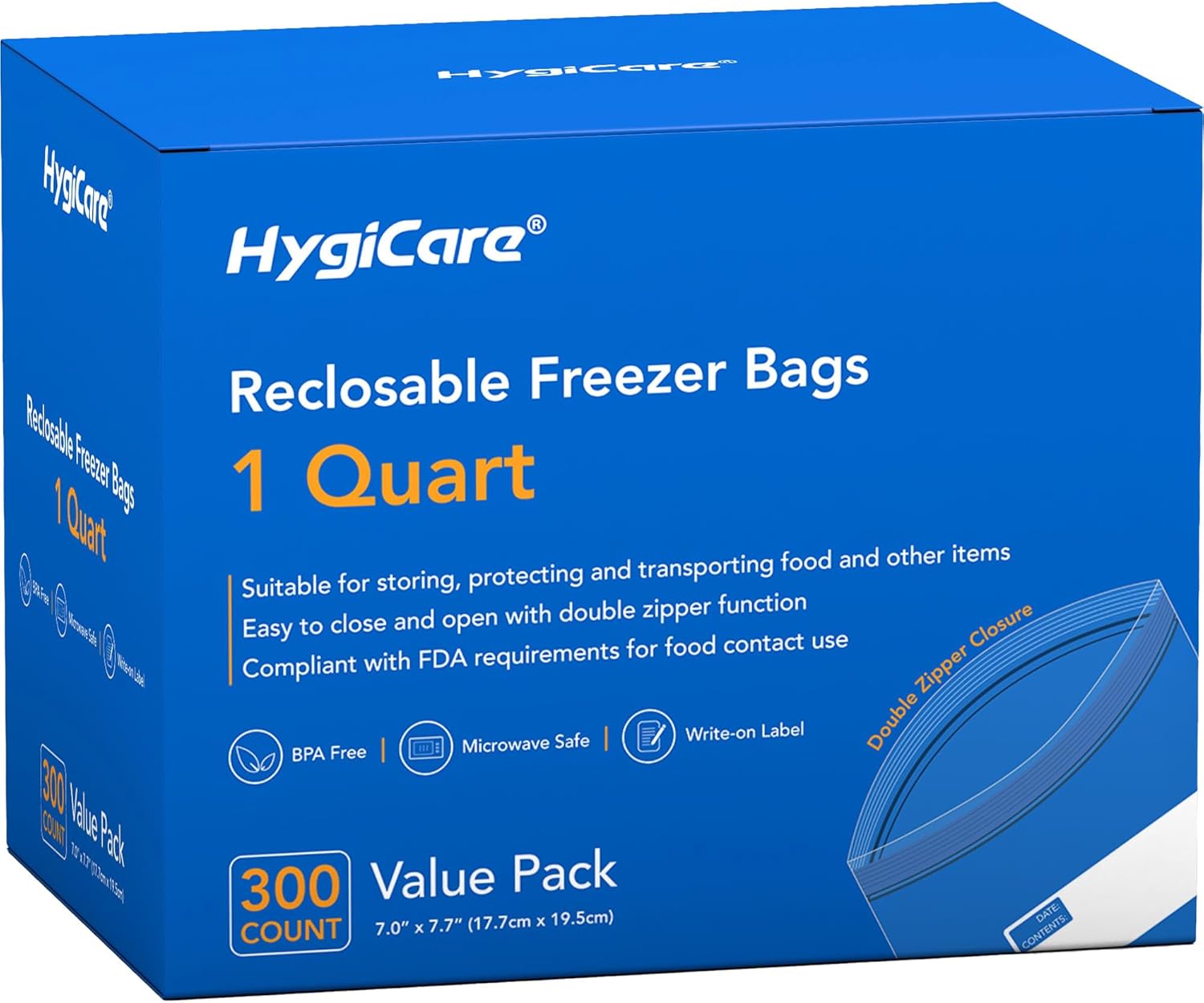 HygiCare 1 Gallon Freezer Bags, 200 Count, Reusable Resealable Bags with Double Zipper, Stand and Fill Base, Write-On Label, Microwave Safe, BPA-Free – for Food, Meat, Fruit, Veggies