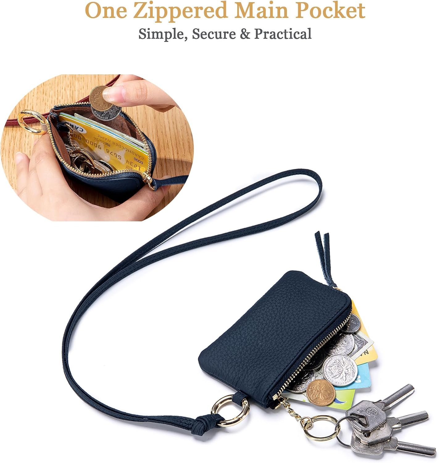 Small Leather Coin Purse for Women with Wrist Strap & Keychain – Mini Zipper Coin Pouch, Compact Change Holder & Travel Wallet with Gift Box (Royal Blue) image 2