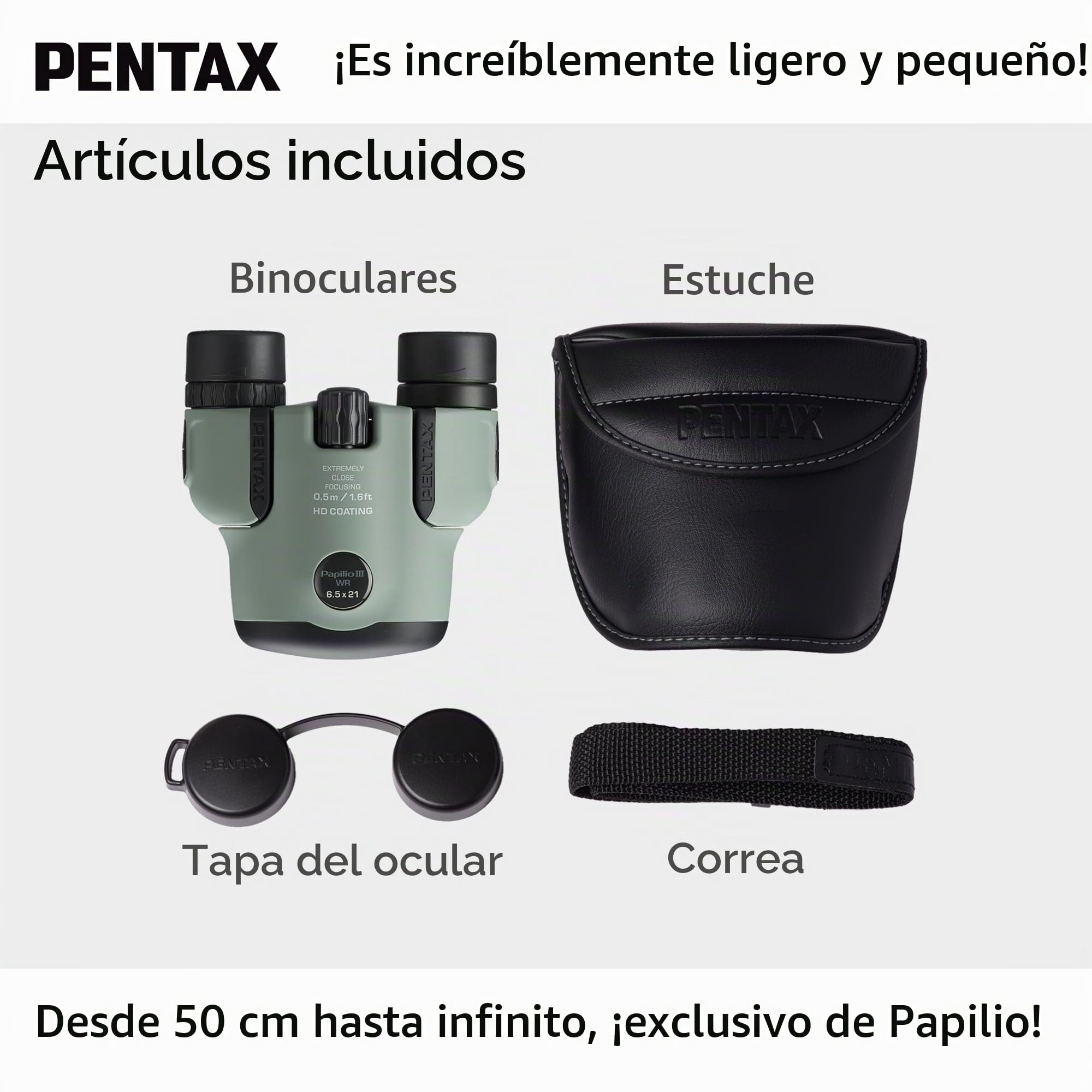Binoculares Pentax Papilio III, 6.5 x 21 Resistentes a la Intemperie, Oliva, Enfoque cercano 50 cm, a Prueba de Salpicaduras, Museo, Exterior, Naturaleza, Deportes en Vivo, Recubrimiento HD