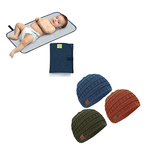 KeaBabies Cambiador de pañales portátil y paquete de 3 gorros de bebé, sombreros de bebé, tapete plegable impermeable para cambiador de bebé,