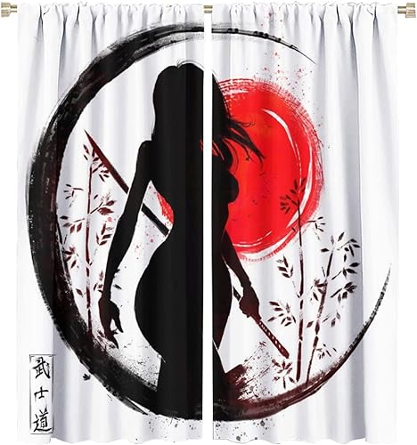 Cortina japonesa de anime samurái femenino Janpan Warrior pintura de tinta para niños y hombres, decoración de habitación, con bolsillo para barra,