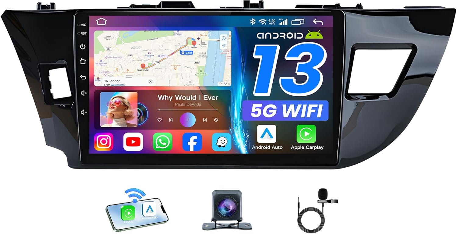 Car Radio for Toyota Corolla 2014-2016: 10 Inch Carplay/Android Auto 5G WiFi 1280 * 800 HD Touch Screen Stereo with Bluetooth 1080P Backup Camera GPS SWC Mirror Link