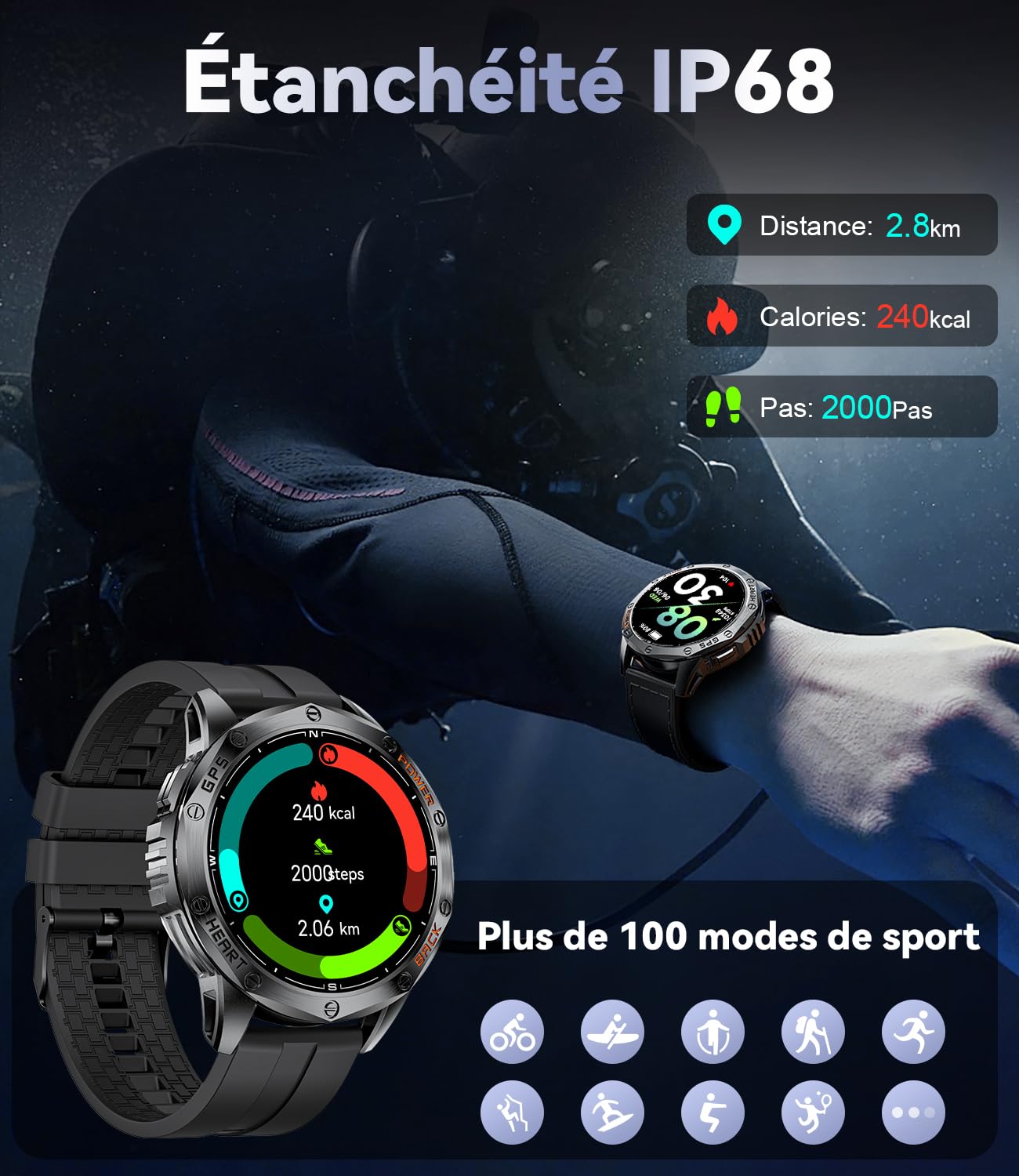 Montre Connectée pour Hommes avec GPS Intégré, Lampe de Poche,10ATM Étanche, 600mAh 30 Jours Grande Batterie Fitness Smartwatch 110+ Modes Sportifs 24/7 Surveillance de la Santé pour iOS Android