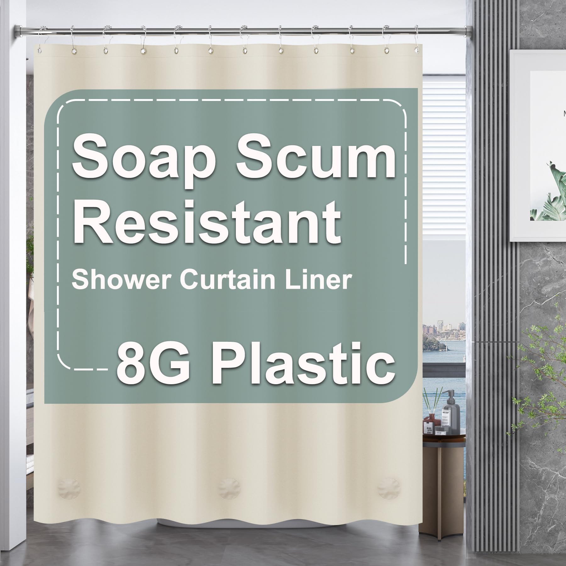 AmazerBath - Cortina de ducha de plástico EVA de calibre 8, con pesos transparentes muy resistentes y ojales de metal - Cortinas de baño gruesas e impermeables