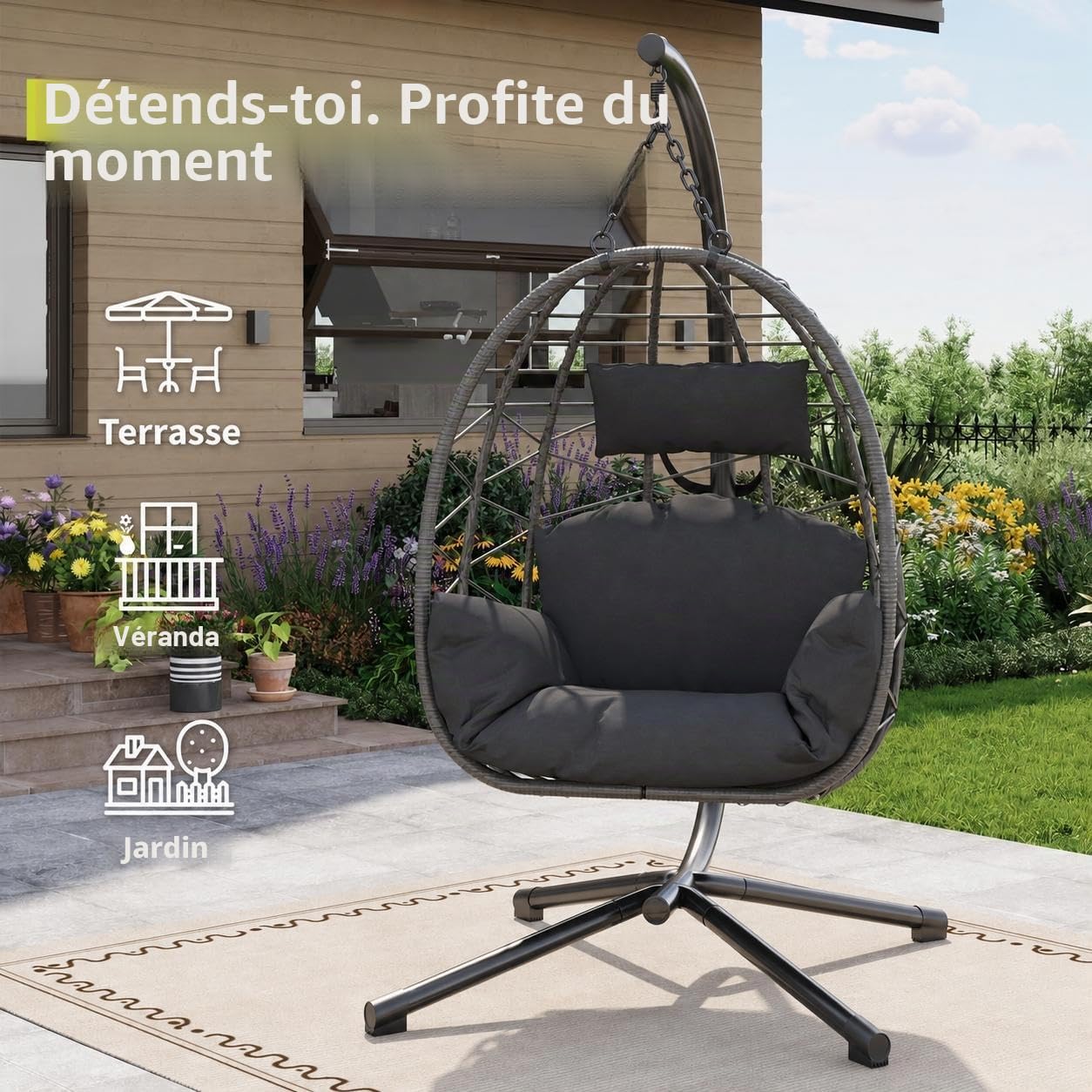 Fauteuil suspendu avec structure pour extérieur, charge jusqu'à 150 kg, fauteuil suspendu en rotin avec structure en métal, housse de protection résistante aux intempéries incluse, panier suspendu