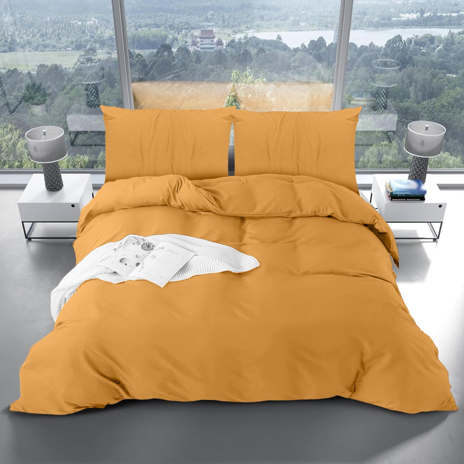 Yorkshire Bedding Duvet Cover Sets Soft Breathable Brushed Microfibre Plain Double Duvet Cover with Pillow cases Button Closure Quilt Cover Bed Set Ochre