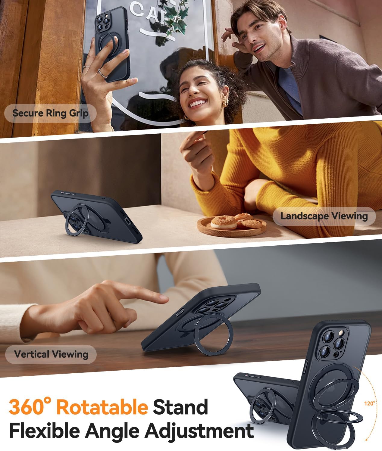 CANSHN 360° Spin Magnetic Stand for iPhone 15 Pro Max Case [Full Camera Protection] [Compatible with Magsafe] [Translucent Matte] Shockproof Protective Kickstand Phone Cover 6.7" - Black