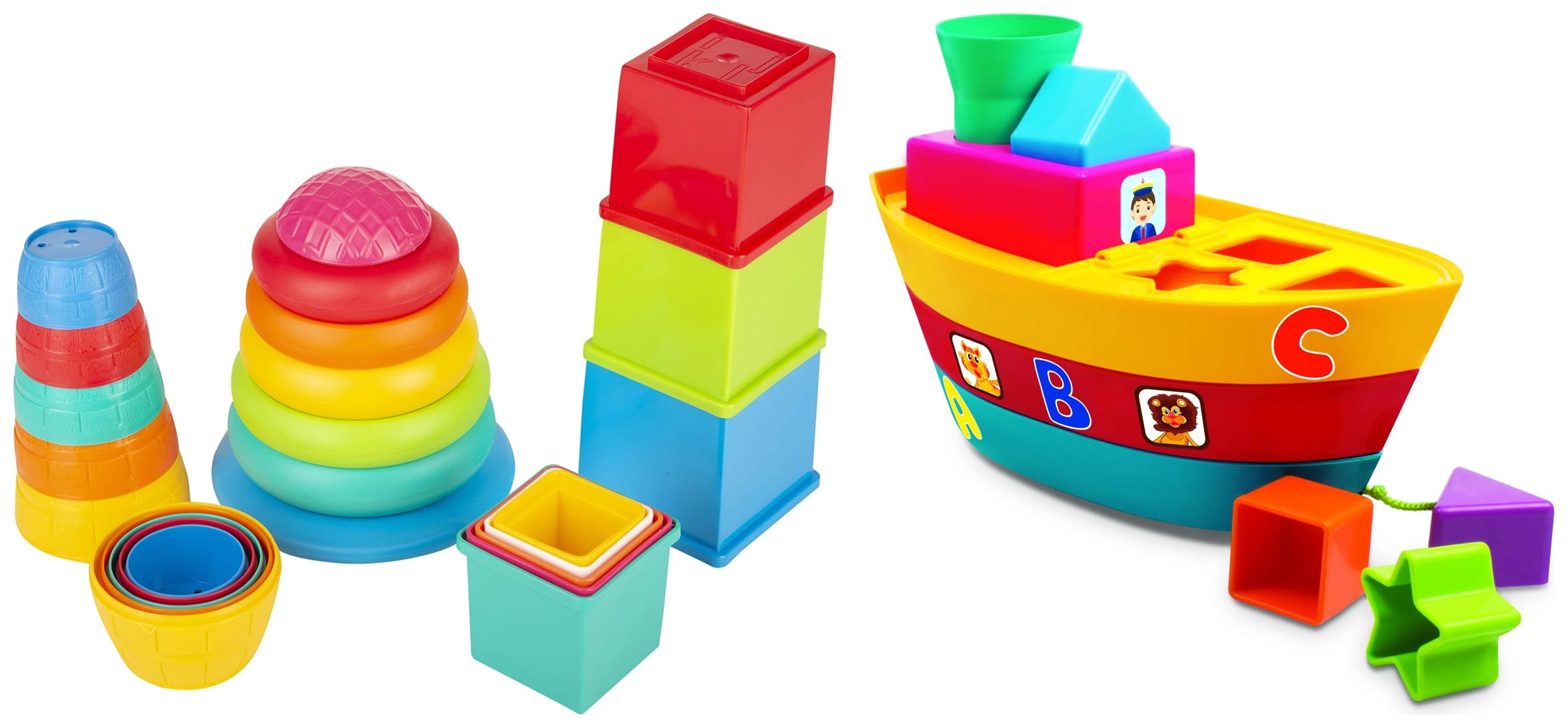 Giggles - Stack A Boat, 2 in 1 Pull Along Toy (Multicolor) & Giggles - Stack N Nest Toy, Multicolour 3 in 1 Gift Set
