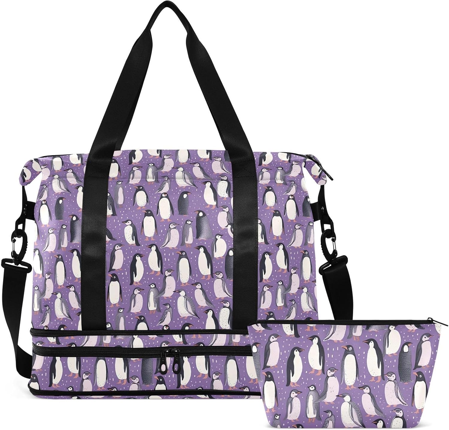 Purple Penguins Sports Gym Bag with Waterproof Dry Wet Pocket, Travel Duffel Bag for Women Men，Workout Bag Fits Yoga, Swimming