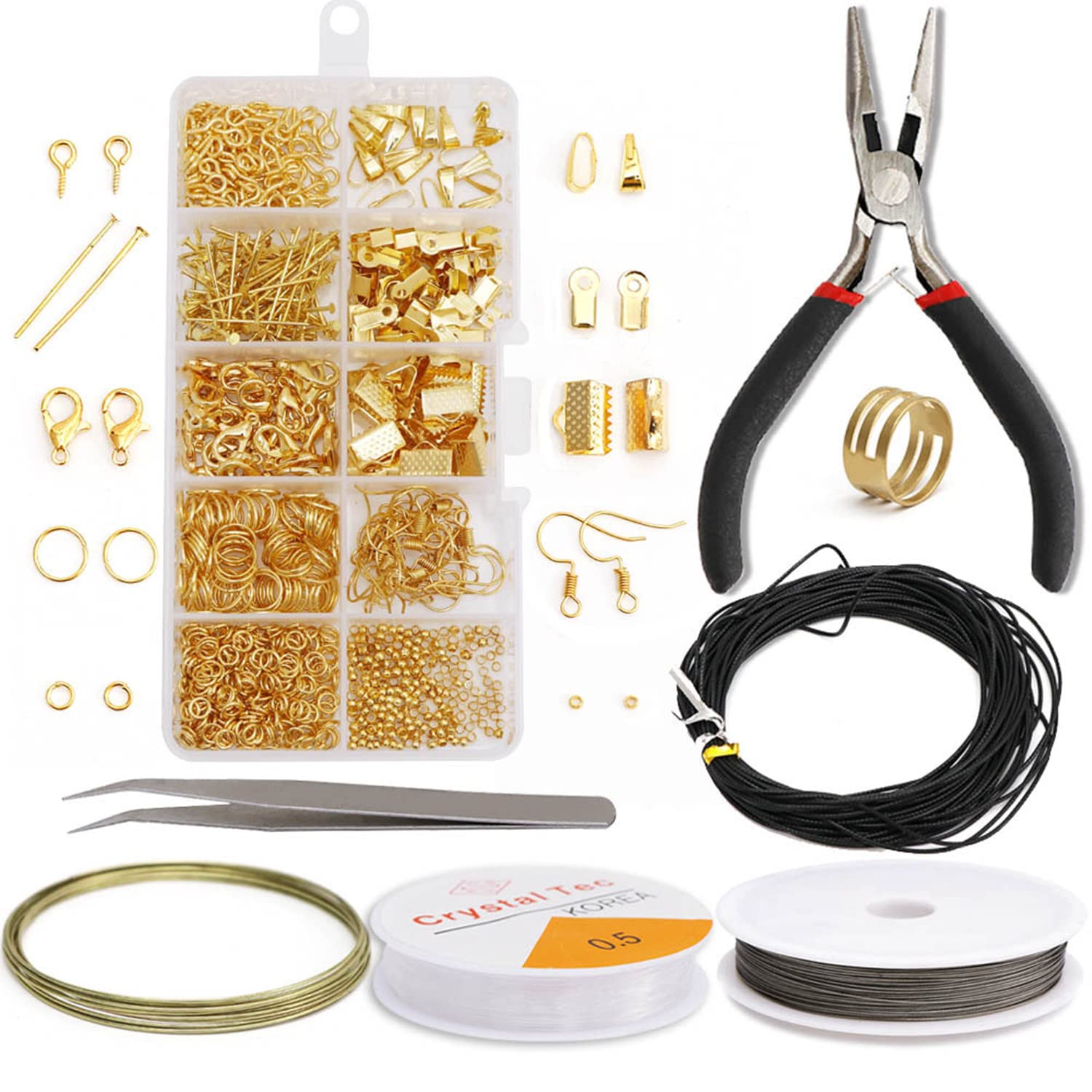 DIY Earrings Making Supplies Kit, Earring Kit with Hooks, Jump Rings, Jewelry Pliers,Tweezers, Crystal Line, Steel Wire Line in Gift Box for Adults and Beginners (Gold) (AOXIANG-20220322-01)