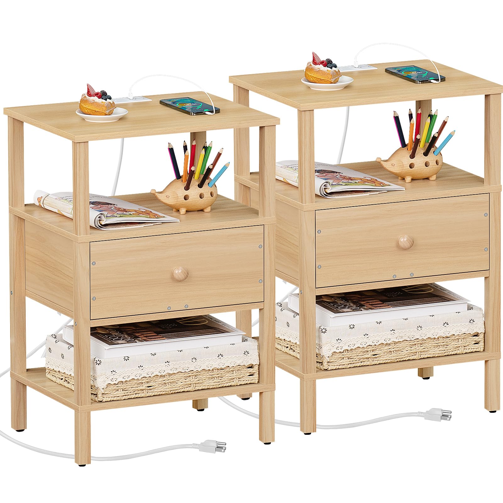 Lerliuo Nightstand Set of 2 with Charging Station and USB Ports, 3-Tier Storage End Table with Drawer Shelf, Night Stand for Small Spaces, Wood Bedside Table for Living Room, Bedroom - Natural Wood