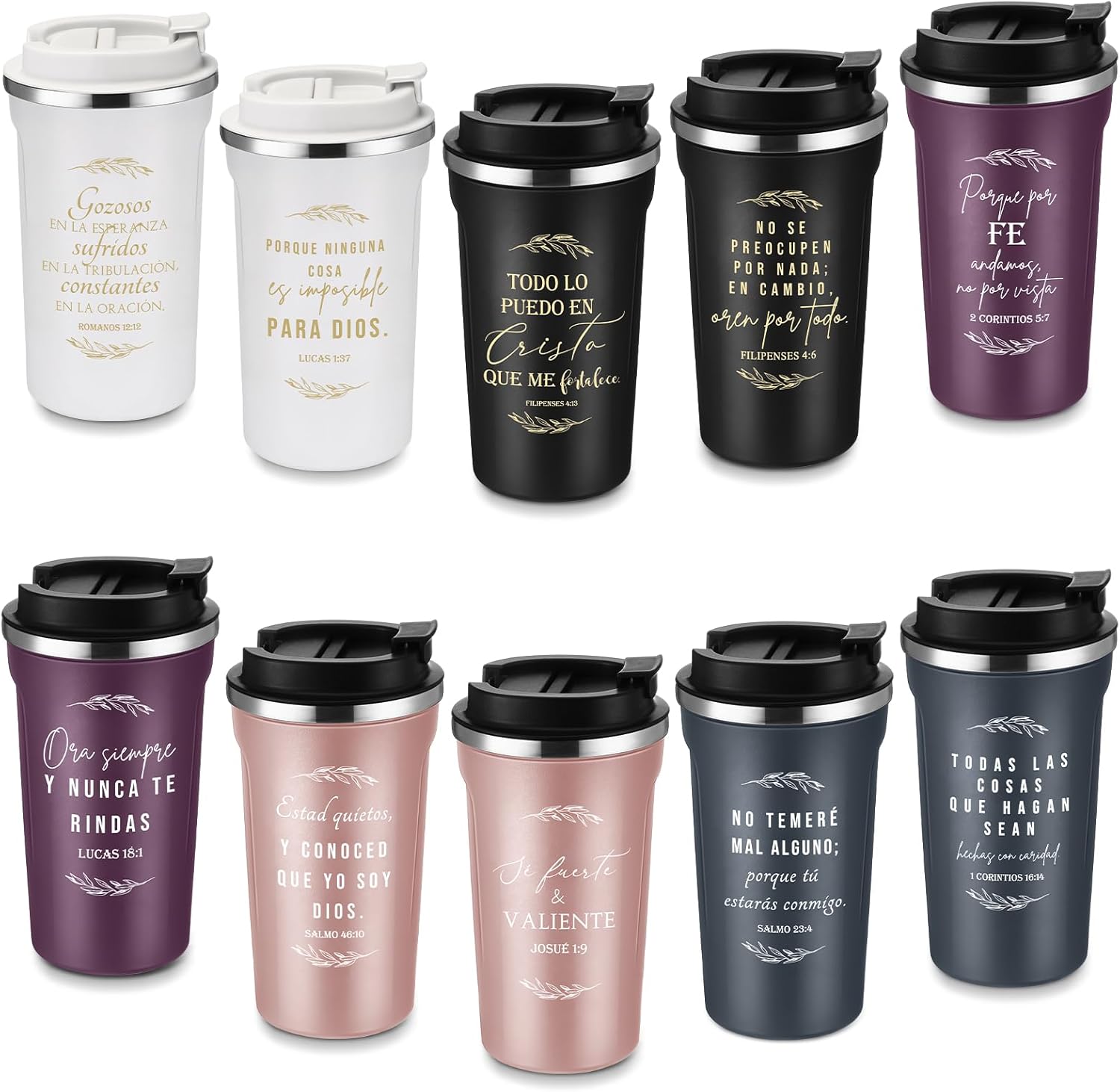 Meanplan 10 Sets Easter Spanish Christian Gifts Bulk Bible Verse Tumbler for Men Women Regalos Cristianos Para Mujer Stainless Steel Christian Mugs 17oz Coffee Cup Religious Church Gifts(Colorful)