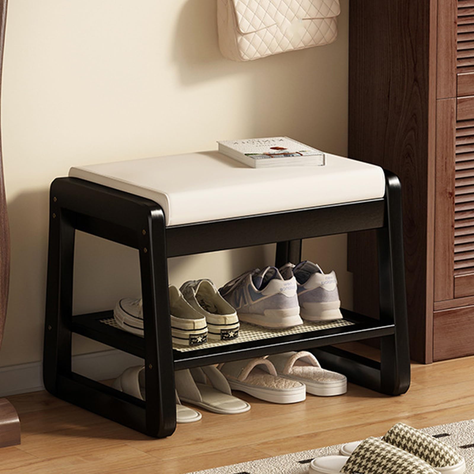 Banc à chaussures en bois noir avec siège de rangement pour entrée