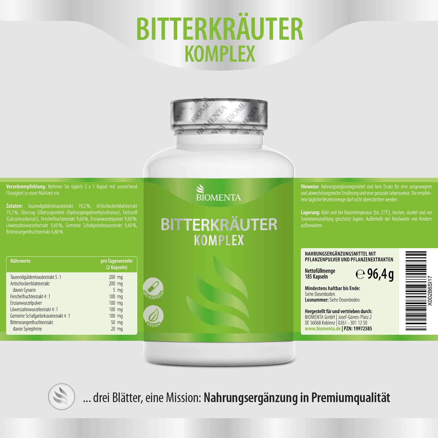 BIOMENTA Bitterkräuter Komplex - 185 hochdosierte, synergetisch zusammengestellte Bitterstoffe Kapseln mit 7 Bitterkomplex - ohne Alkohol + vegan - Premiumqualität