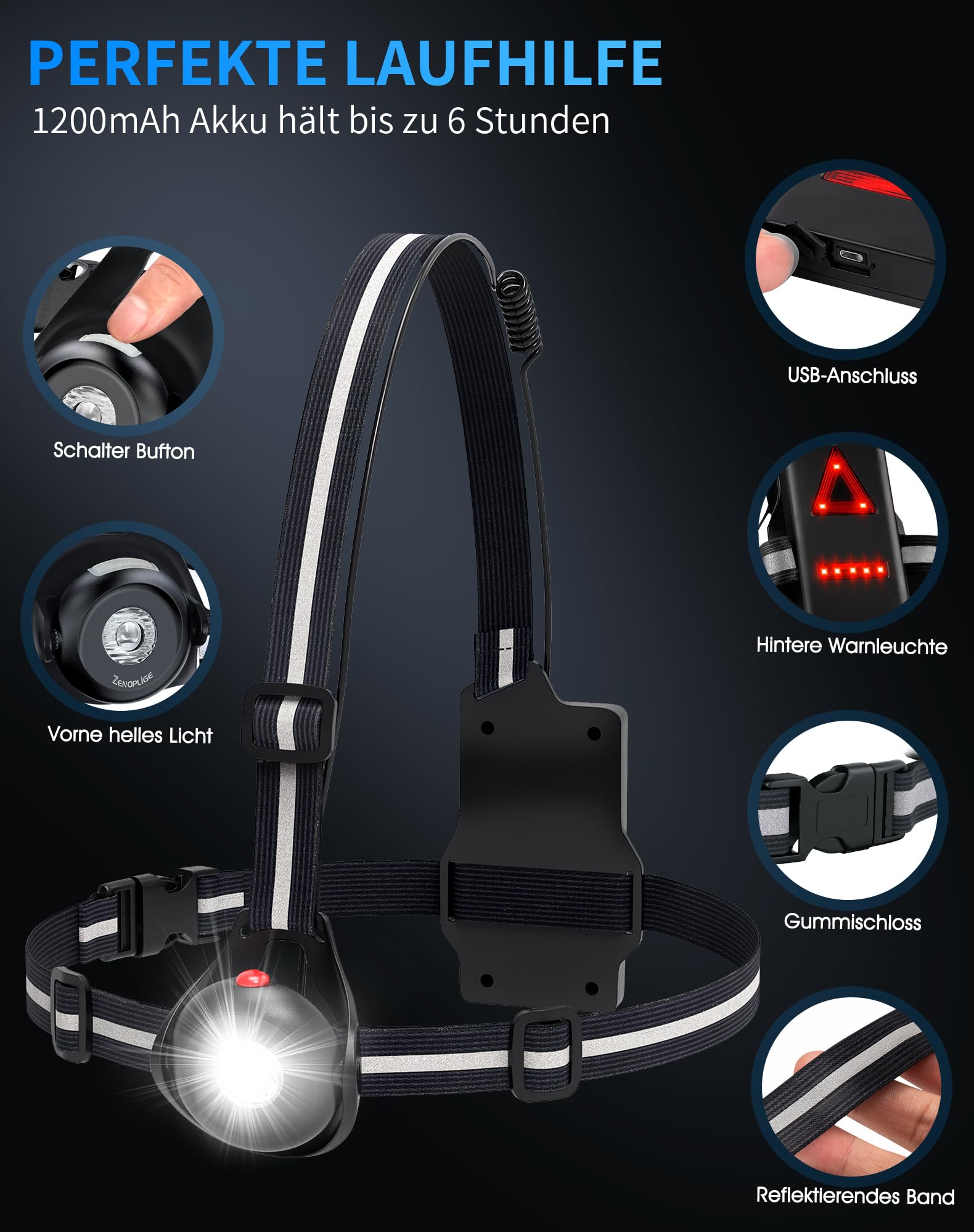 Zenoplige Lauflicht 500 Lumen | USB-rechargeable, Wasserdicht | Für Laufen, Radfahren, Camping