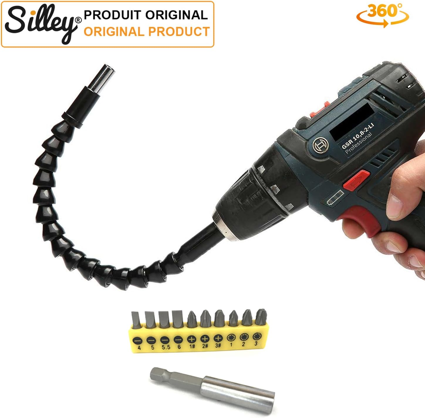 [Original Model] Silley® Magnetic Flexible Shaft + Screwdriver Head + Bit Holder (12 pieces) - 29.5cm cardan extension for screwdriver drill bits (90° and more)