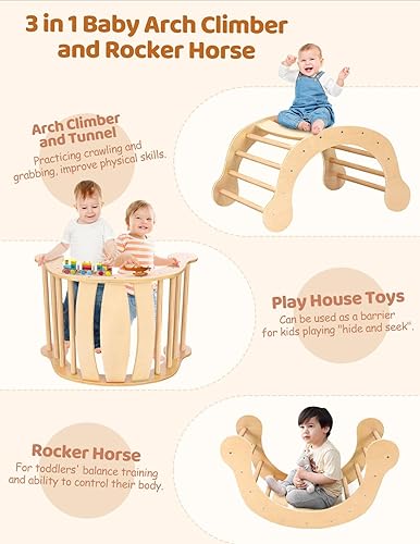 Miniatura 6 de YOLEO Juego de triángulos Pikler mejorado, triángulo de escalada Montessori plegable 7 en 1 con rampa y balancín de arco, juguetes de escalada